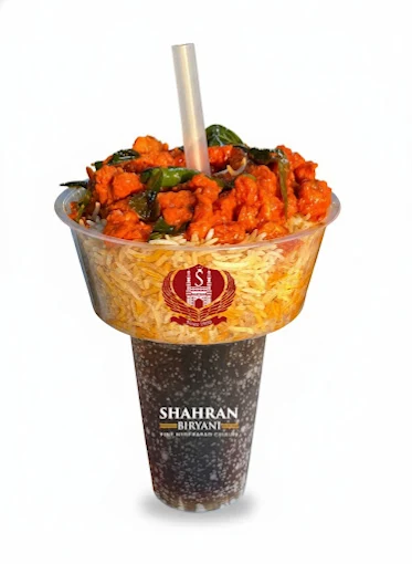Shahran Biryani signature Chicken 65 biryani cup with a drink base