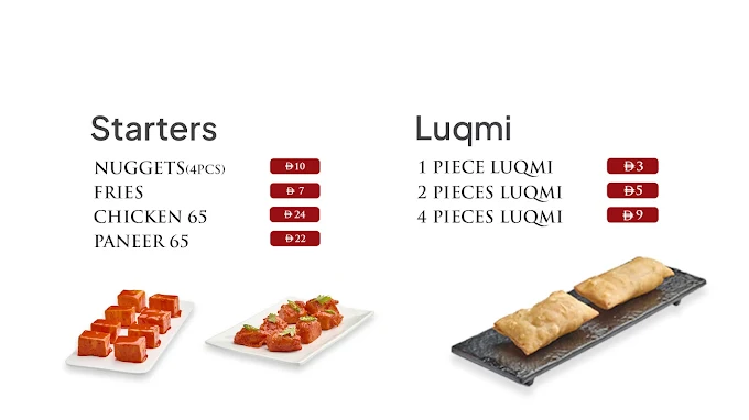 Starters and Luqmi menu board