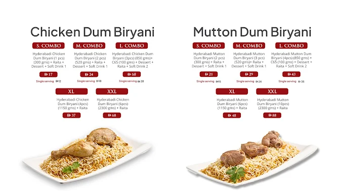 Chicken and mutton dum biryani combo pricing board
